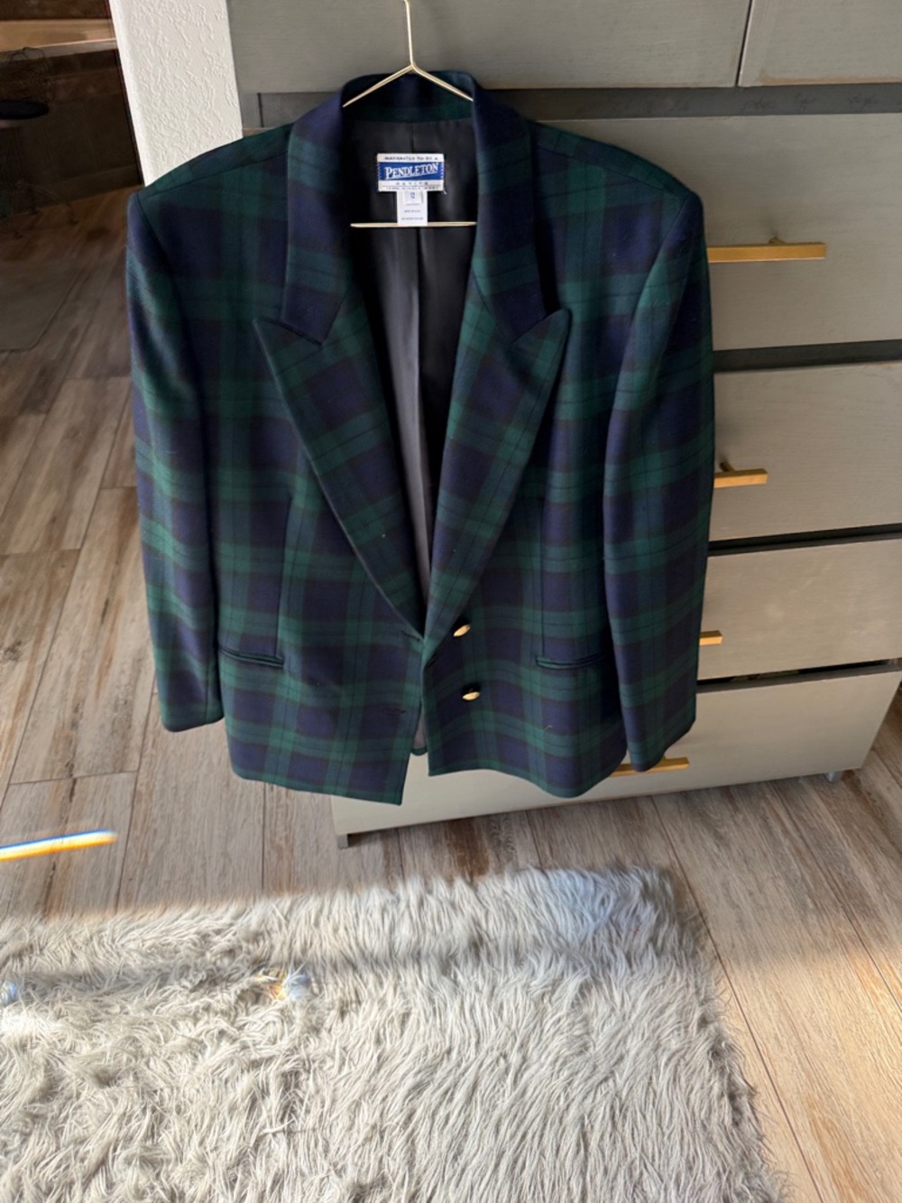 Pendleton Navy and Green Plaid Wool Blazer with Gold Buttons